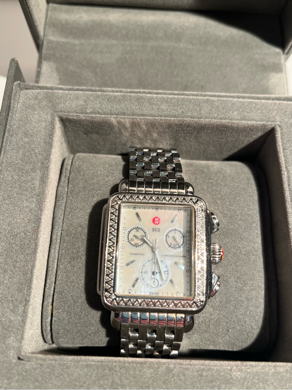 Michele Silver Stainless Steel Diamond-Accent Deco Chronograph Watch